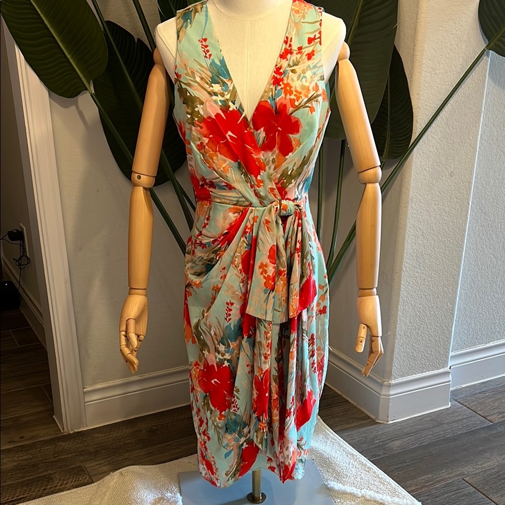 Badgley Mischka Aqua Floral Midi Dress